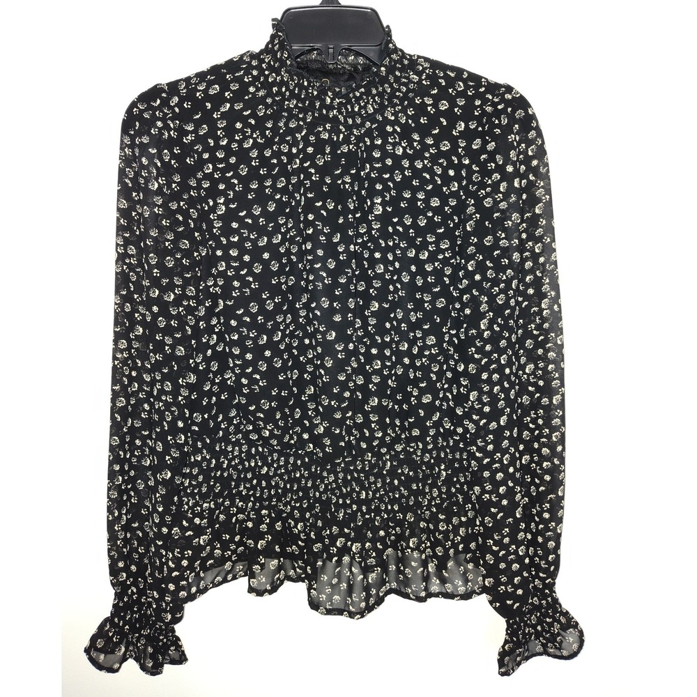 Japna Black Floral‎ Smocked High Neck Peplum Blouse Long Sleeve Small
